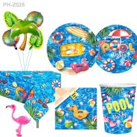 Pool Party Supplies Disposable Tableware Cups Napkins  Flamingo Foil Balloon Hawaiian Party Boys Girls Birthday Party Supplies