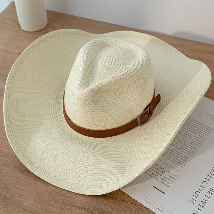 หมวกคาวบอยตะวันตกกระดาษธรรมชาติดีไซน์ใหม่กว้าง13ซม-ผู้หญิงผู้ชายหมวกปานามาหมวกฟางชายหาดคาวบอยหมวกกันแดดแจ๊ส