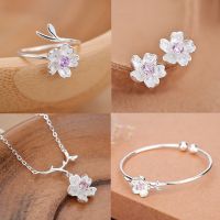 ▩✷❀ New girlfriends earrings flower ring sterlingbracelet ins niche design high-end cherry blossom necklace womens suit