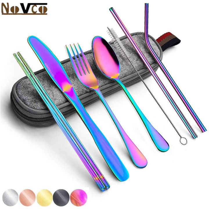 Travel Utensils Set with Case Reusable Portable Cutlery Set Stainless Steel  8pcs Including Dinner Knife Fork Spoon Chopsticks Straws(Silver)