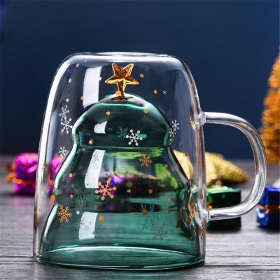 [ใหม่2023] 300ML Double Layered ป้องกันน้ำร้อนลวกแก้วต้นคริสต์มาส Starry Sky แก้วกาแฟความร้อนฉนวนกันความร้อนถ้วยใส่นมสำหรับอาหารเช้าเด็กของขวัญ