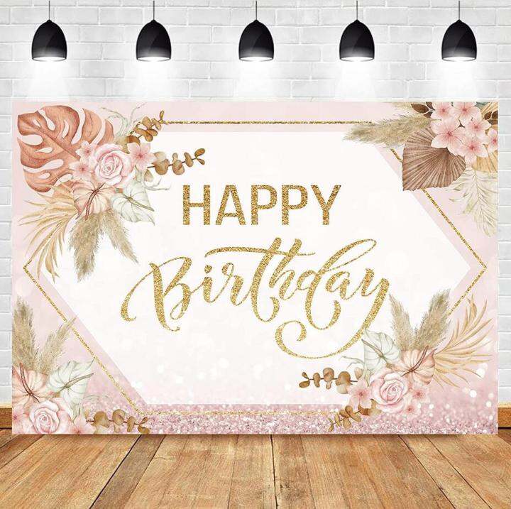 Happy Birthday Backdrop Baby Shower Blush Pink Flower Pampas Backdrops 