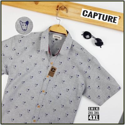 Capture Shirt เสื้อเชิ้ตผู้ชาย แขนสั้น คอปก ลายหมา สีเทา มีถึงอก 48 นิ้ว