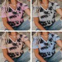 [COD] 2020 European and cross-border new wish AliExpress womens V-neck loose tie-dye short-sleeved T-shirt top