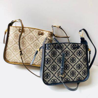 2023 new Tory Burch T Monogram Two Colors Jacquard Drawstring Shoulder Bag Crossbody Bag