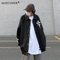 MAYCHEER   แจ็กเก็ตหนังสำหรับทั้งหญิงและชายแฟชั่นวินเทจประจำชาติอเมริกันอินเทรนด์