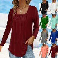 ▧  Womens Casual Tees Top Solid Color Pullover 2023 Spring Autumn Lady Pleated Square Neck Long Sleeved Cotton Loose T-shirt S-5XL