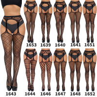 Women Black Stockings With Belt Set High Fishnet Tights Lingerie y Silk Pantyhose Floral Print Long Mesh Lace Stocking