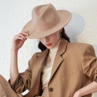 Solid Color Imitation Woolen Hat Women Felt Fedoras Jazz Cap Female Girls Simple Wide Brim Flat Top Hats