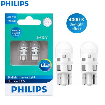 Philips W5W T10 4000K Ultinon หลอดไฟ LED 12V ให้ความอบอุ่นภายในรถสีขาวเปลี่ยนเป็นสัญญาณไฟโคมไฟอ่านหนังสือ W2,1X9,11961ULW4X2 5D (คู่)
