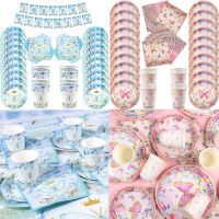 【JIU YU】♕  Louça descartável definida para festa de aniversário papel prato copos guardanapos decoração de festa borboleta bebê chuveiro suprimentos