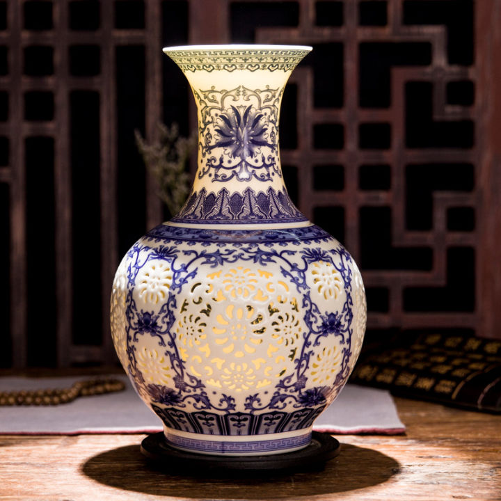 jingdezhen-แจกันเซรามิกกลวงสีฟ้าและสีขาวของจีนเจาะแจกันพอร์ซเลนตกแต่งห้องนั่งเล่นแจกันดอกไม้-heyuan-ในอนาคต