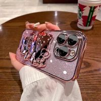 หรูหรา 3DสีชมพูHello KittyเคสซิลิโคนสำหรับiPhone 11 Pro Max 12 Pro Max 13 Pro Max 14 Pro Max 14 Plus FlashเคสTPUนุ่มชุบทอง