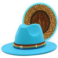 Women Fedora Hats Trilby Caps Fedoras Rainbow Belt Jazz Hat Inner Leopard Print Derby Cap Felt Blower Chapeau Hats