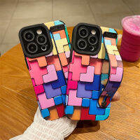 เคส Pu นิ่มสายรัดข้อมือสำหรับ IPhone 11 12 13 14 Pro Max เคสสีบล็อคก่อสร้างเคสโทรศัพท์สำหรับ IPhone 7 8 Plus SE 3 XR Xs Max ปลอกหลังซิลิโคนกันกระแทก