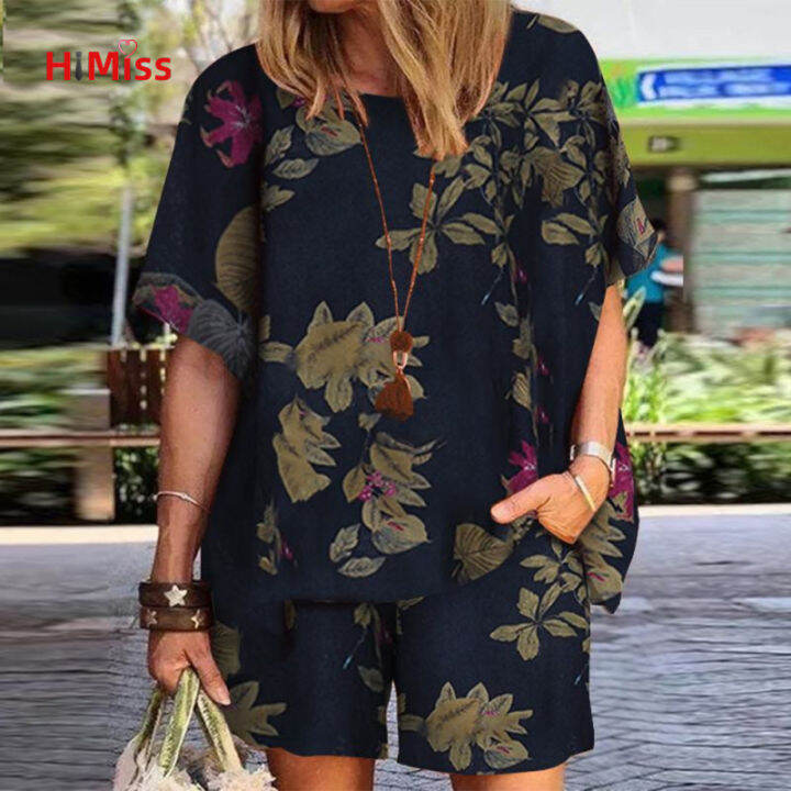 2-pcs-women-outfits-cotton-linen-retro-printing-short-sleeve-blouse-side-pockets-shorts-plus-size-loose-cropped-pants-set