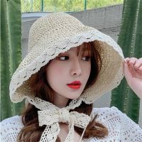 Summer Foldable Hollow Beach Bucket Hat Lace Sun Hats for Women Wide Brim Holiday Side Cap Panama Floppy Female Straw Hat