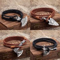 Vintage Viking Style Genuine Leather Wrap Bracelets Men Stainless Steel Norse Rune Amulet Accessories Icelandic Handmade Jewelry