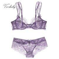【hot】 ultra-thin gathers breathable plus size floral bra   panties set with steel ring underwear C D E F Cup