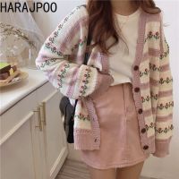 {Qinqin clothing}Harajpoo Cardigans ผู้หญิงญี่ปุ่นพิมพ์ฤดูใบไม้ผลิฤดูใบไม้ร่วงกลวงออกความรู้สึกการออกแบบซอกหวานเย็นขี้เกียจหลวมเกาหลีถักเสื้อกันหนาว