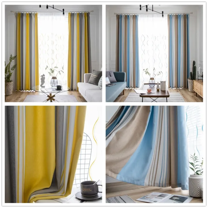 Modern Striped Thick Blackout Curtain, Yellow And Grey Blackout Curtains