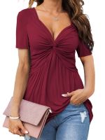 xixibeauty Front Knotted V-Neck T-shirt, Solid Short Sleeve T-shirt, Casual Every Day Tops, Womens Clothing