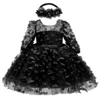 ZZOOI Wednesday Addams 2023 Costume New Kids Bow 3-dimensional Evening Sequin Dress Princess Dresses Birthday Mesh Party Dress 3-24M