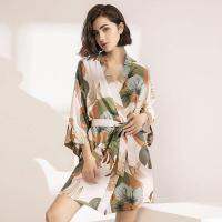 2022 Spring New Ladies Silk Satin Thin Robe Comfort Fresh Style Floral Printed Sleepwear Sexy Nightgown Femme Satin Homewear