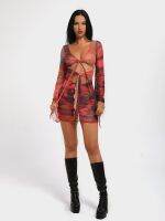 【HOT】✚☄ Womens And Tie-Up Long-Sleeved Mesh Breathable Printed Trumpet Sleeve Deep V-Neck Beach