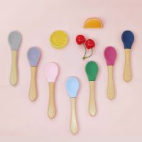 ♈㍿✓ Food-grade Silicone Baby Soft Fork Spoon Infant Training Eating Wooden Handle Fork Spoon Children 39;s Non-slip Tableware for Kids