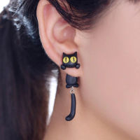 Funny Cartoon Cat Earrings Unique Womens Yellow-Eye Cat Long Tail Splits Type Cute Fashion Dangler Women Ear Stud For Girls