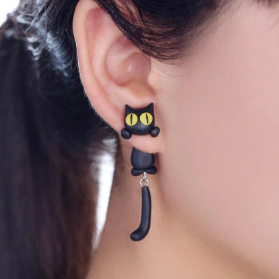 Funny Cartoon Cat Earrings Unique Womens Yellow-Eye Cat Long Tail Splits Type Cute Fashion Dangler Women Ear Stud For Girls