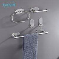 [HOT TAIOPXKWLGLW 585] No Drilling Stainless Steel Self-Adhesive Towel Bar Paper Holder Robe Hook Towel Ring Black Silver Gold Bathroom Accessories Set