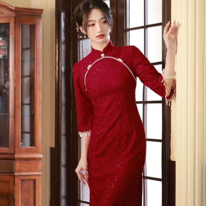 chenille-สีแดง-cheongsam-2022ใหม่จีนเจ้าสาวขนมปังชุดชุดแต่งงานชุดหมั้น