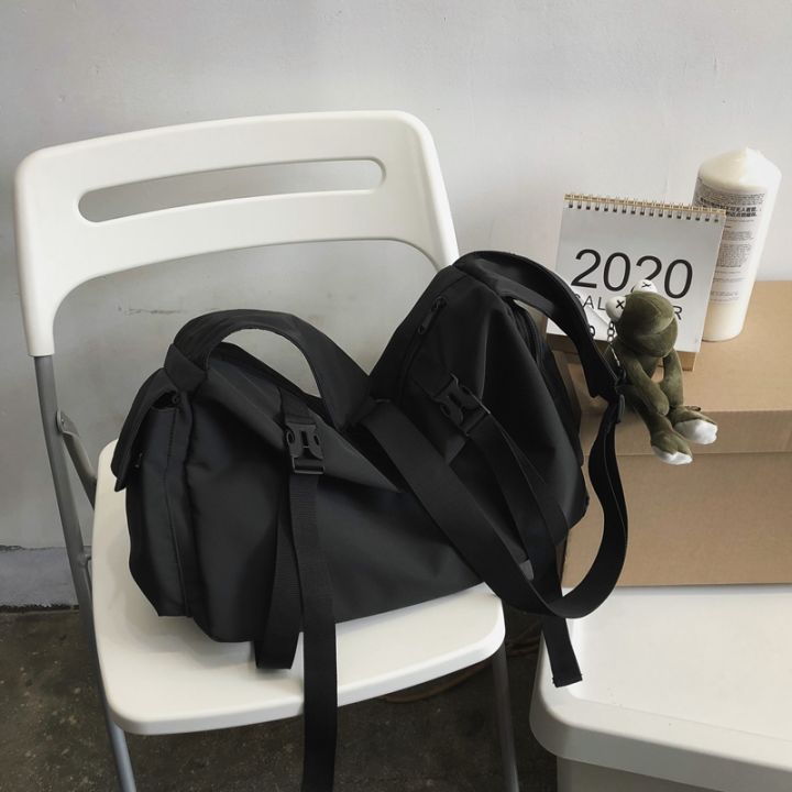 กระเป๋าสะพายไนลอนกันน้ำสีดำ-unisex-สไตล์ญี่ปุ่นและเกาหลี-satchels-ความจุขนาดใหญ่-solid-casual-messenger-กระเป๋า