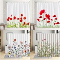 Natural Floral Shower Curtains Spring Red Poppies Flowers Dandelion Hand Painted Watercolor Polyester Bathroom Decor with Hooks