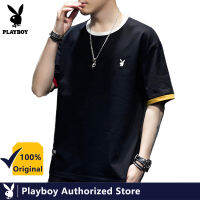 PLAYBOY 2021ชายฤดูร้อนผ้าฝ้ายคอกลมแฟชั่นสีตัด Cuff เสื้อยืดสั้น