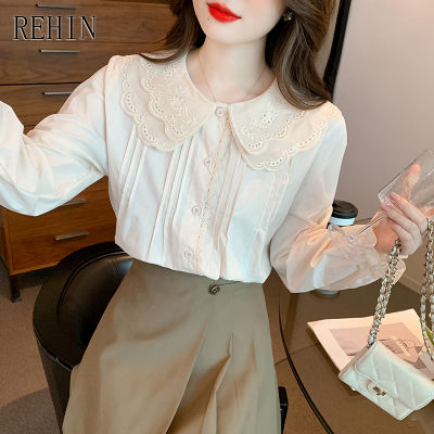 REHIN ผู้หญิงฤดูใบไม้ร่วงใหม่เกาหลีรุ่น Retro เสื้อแขนยาว Hollow Hook ตุ๊กตาคอหลวมบาง Elegant เสื้อ