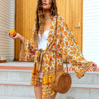 AYUALIN boho swim cover up women Cardigan blouse shirt yellow floral print Kimono sleeve summer blouses beach blouse Blusa robe