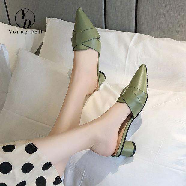 young-2021-middle-heel-half-slipper-womens-korean-fashion-versatile-thick-heel-pointed-shoes