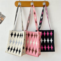 Student Reusable Shopping Bag Fashionable Knit Handbag Female Casual Tote Bag Diamond Knit Handbag Womens Handmade Knit Bag