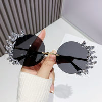 Diamond Sun Glasses Womens European And American New Special Frameless Metal Sunglasses Internet Celebrity Round Frame Funny Sun-Shade Glasses