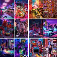 Night Neon City Street โปสเตอร์80S Illustration Fantasy Car Cat AE86อะนิเมะภาพวาด Wall Art Home Decor Kawaii Room Decor ผ้าใบ New