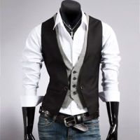 Fake Two Piece Mens Suit Vest Slim Casual Business Gentlemen Men Waistcoat Groomman Wedding Mens Gilet Oversized Steampunk Vests