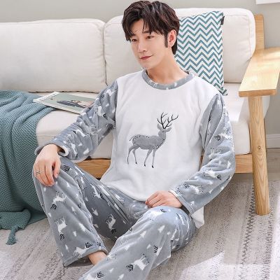 MUJI High quality pajamas mens autumn and winter winter coral fleece plus velvet thick warm flannel home clothes mens winter suits