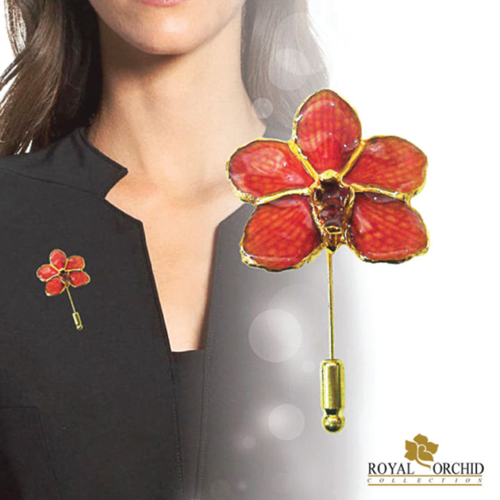 royal-orchid-เข็มกลัดดอกกล้วยไม้ของจริง-สีส้ม-แดง-ตัดด้วยขอบทอง