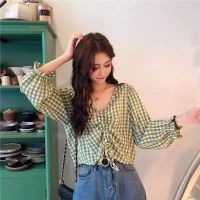 Korean Style Women Ladies Loose Vintage Plaid V Neck Long Sleeve Shirt Blouse Baju Baju Wanita Lengan Panjang