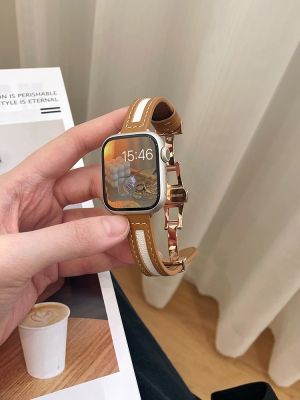 Butterfly Buckle Canvas Leather Strap For Apple Watch 8 7 6 SE 5 4 3 Small Slim Watchband 38mm 40mm 42 44 45 49 41mm For iwatch Straps