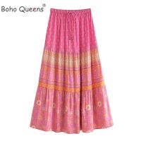 【CW】 Boho Hippie Floral Print Beach Skirt Elastic Waist  Rayon Cotton Aline