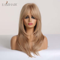 EASIHAIR Medium Long Straight Ombre Light Brown Blonde Highlight Synthetic Wigs With Bangs Heat Resistant Cosplay Wigs for Women